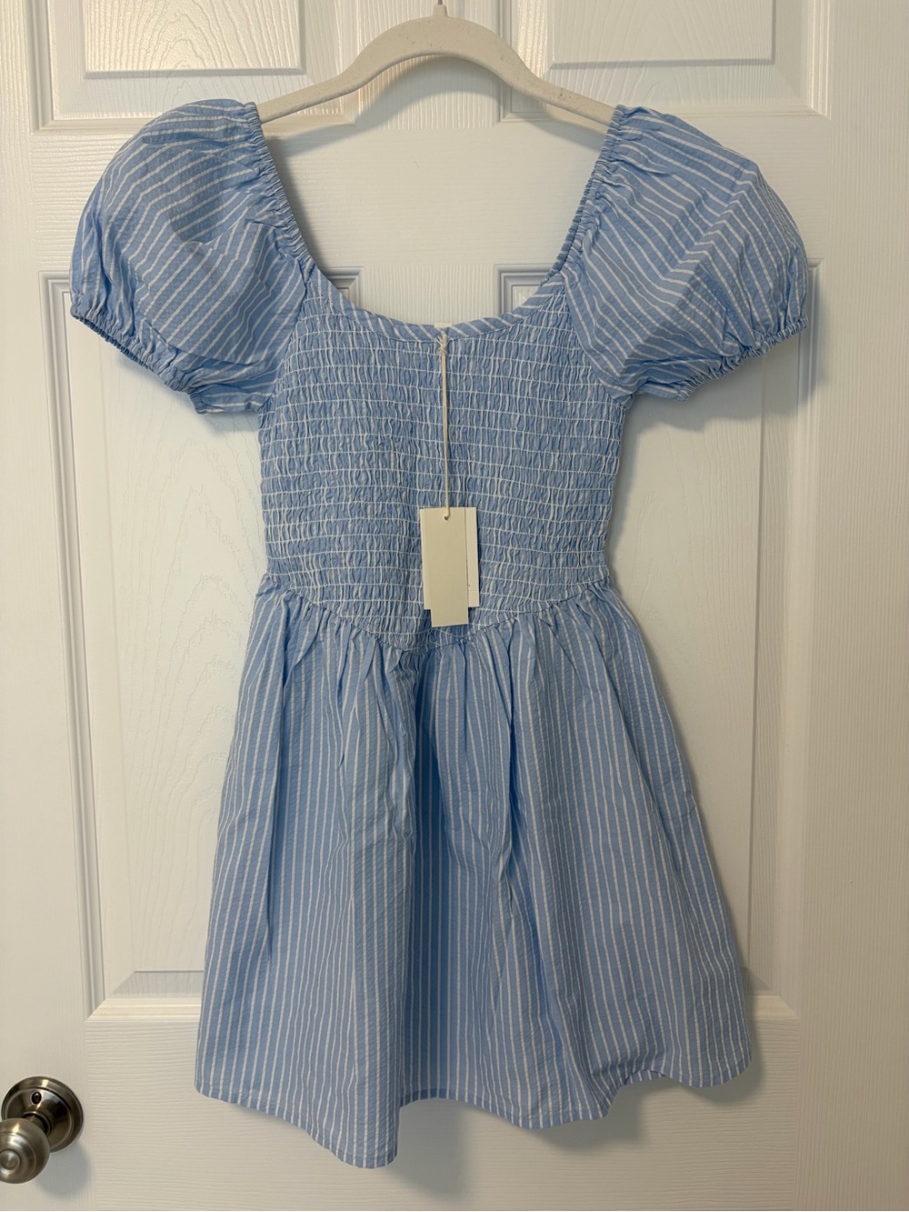 Kohl's Blue and White Striped Puff Sleeve Smocked Dress